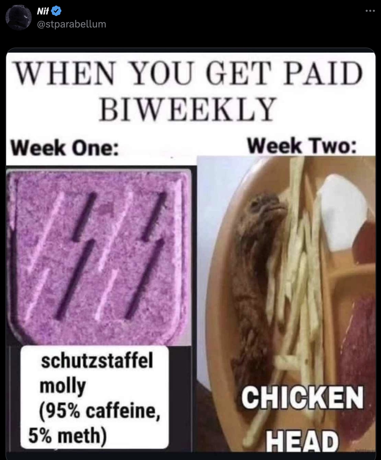 you get paid biweekly meme chicken head - Nif When You Get Paid Biweekly Week One Week Two schutzstaffel molly Chicken 95% caffeine, 5% meth Head